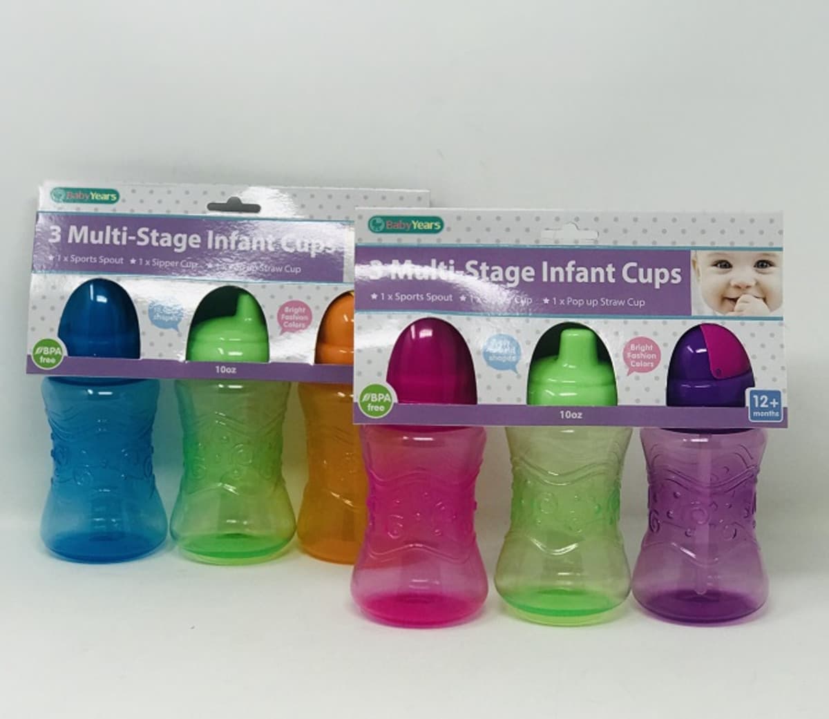 Baby Years 3 Multistage Infant Cups, 1 sports spout, 1 sipper cup, 1 Pop up straw Cup (10oz)