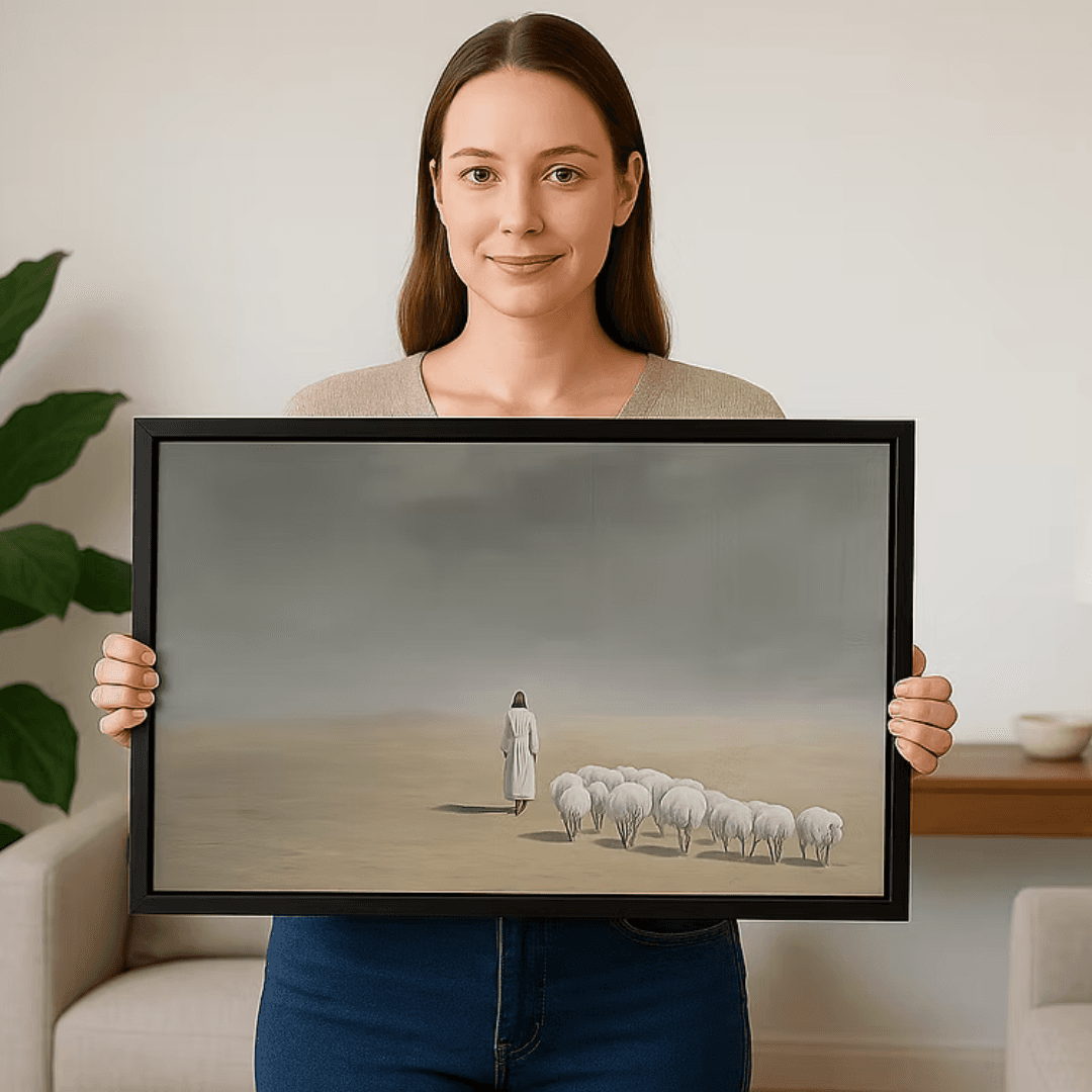 Jesus with Flock - Framed Canvas - Horizontal