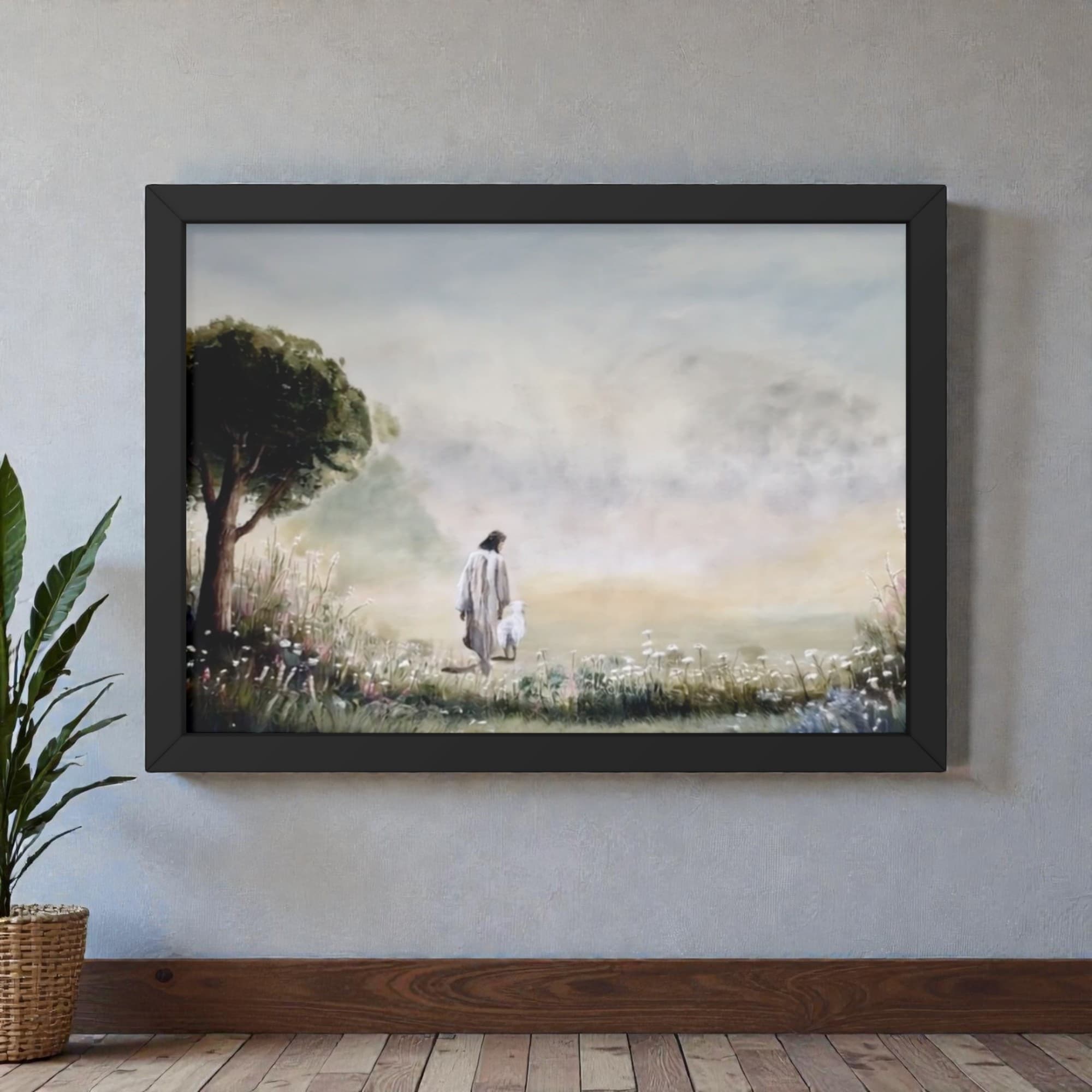 Jesus with Sheep - Framed Canvas Horizontal